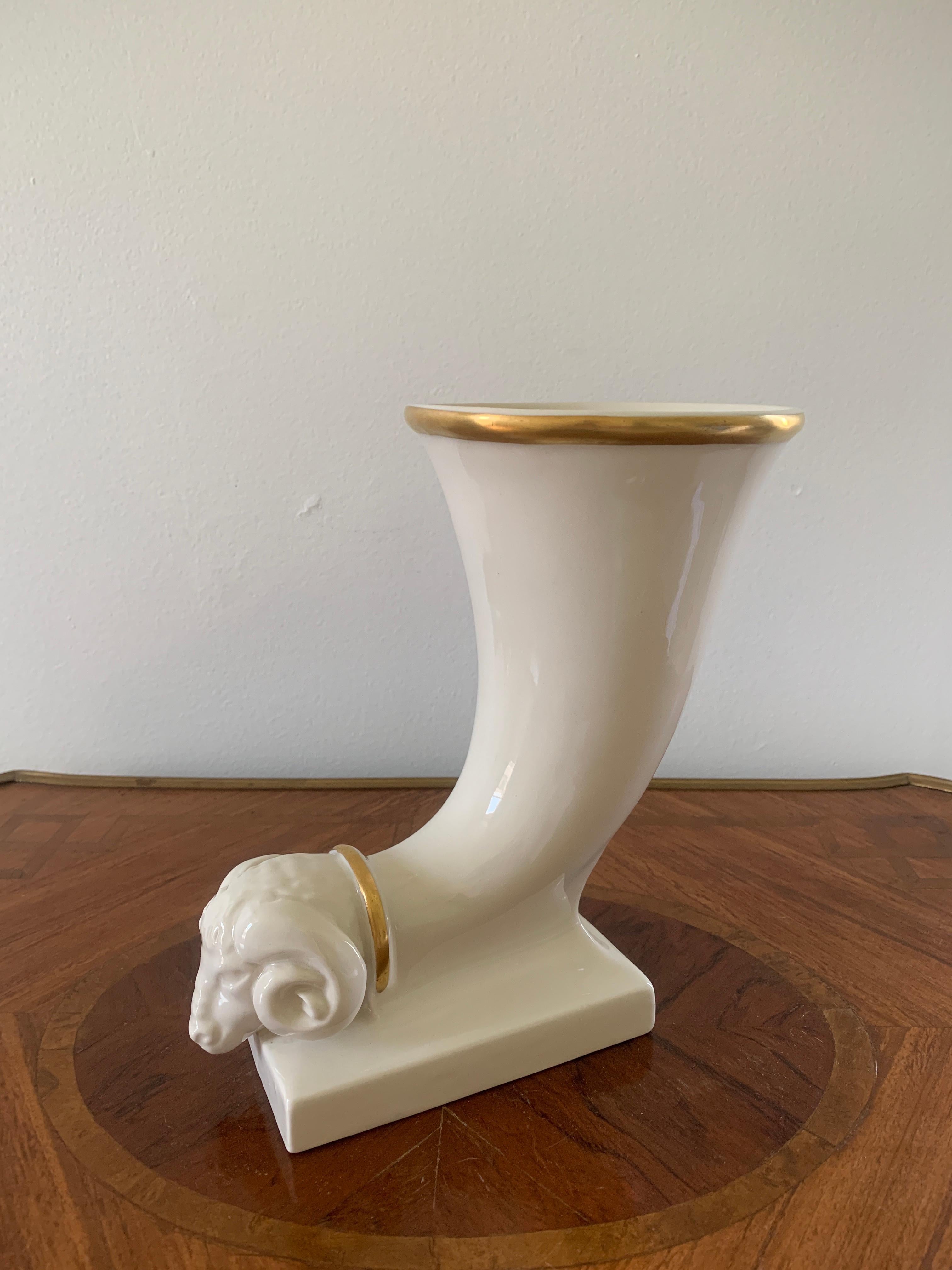 Vintage Porcelain Ram's Head Cornucopia Vase For Sale 3