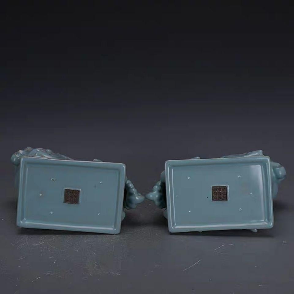 19cm Vintage Porcelain Ru Kiln Celadon Asian Lions Sculptures Pair For Sale 2
