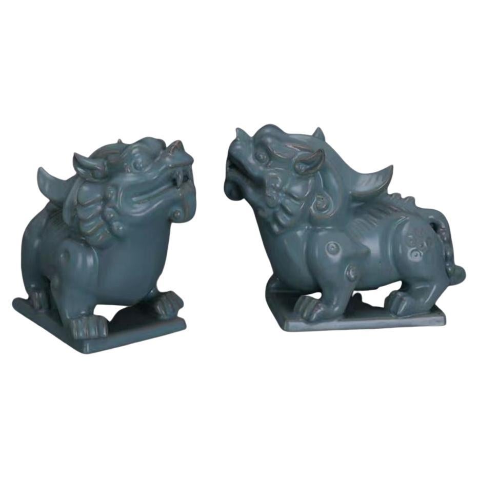 19cm Vintage Porcelain Ru Kiln Celadon Asian Lions Sculptures Pair For Sale