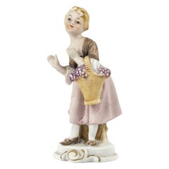 Vintage Porcelain Sculpture of Girl with Basket, Mid-20th Century