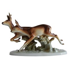 Vintage Porcelain Sculpture Roe Deer and Doe, by Royal Dux, 1960's.