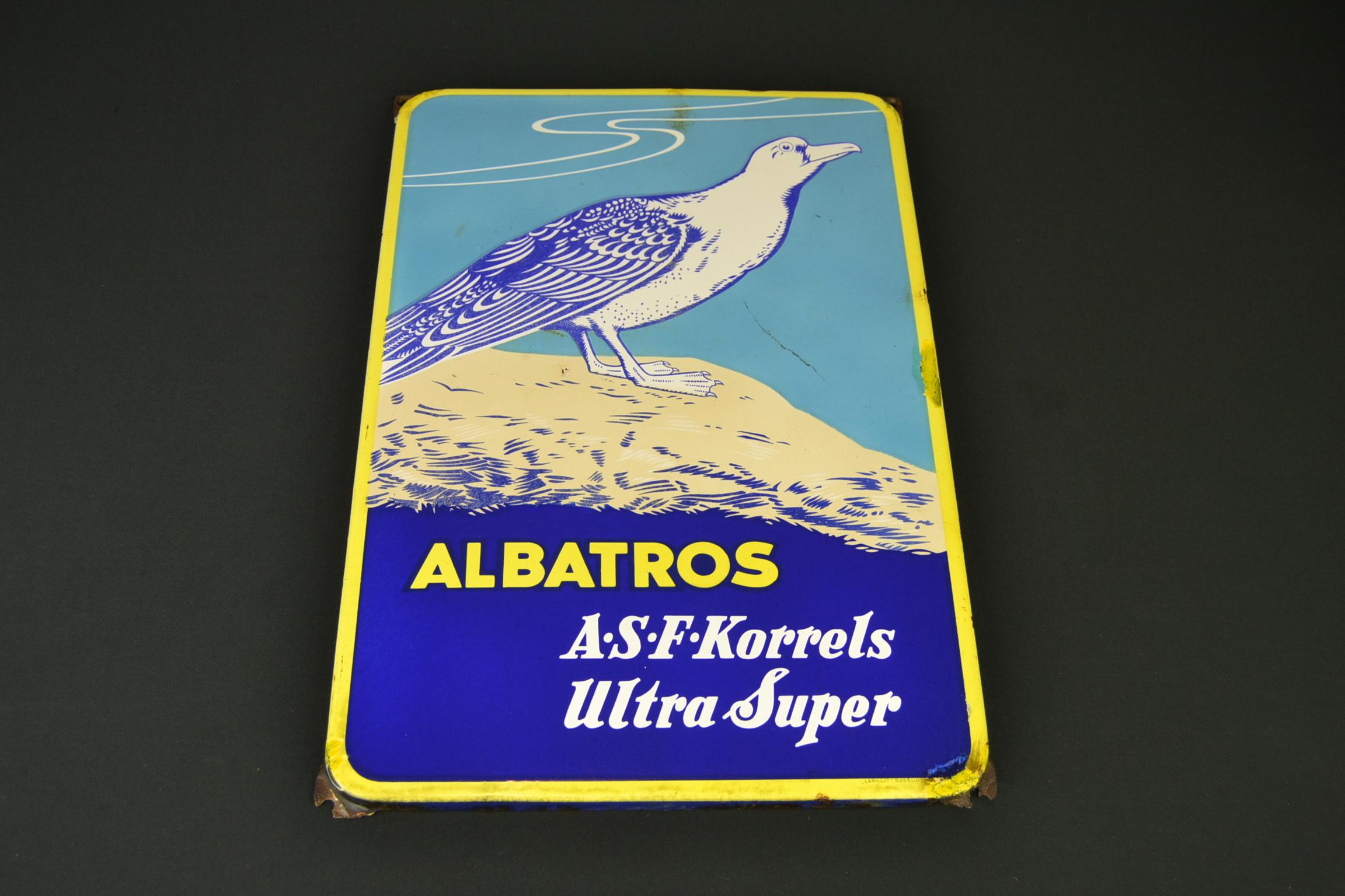 Vintage porcelain sign for Albatros super phosphate fertilizer granules.
This shop sign dates from the 1950s and was made by Langcat Bussum, Netherlands. This enamel sign was used by the dealers as Trade Sign, Wall sign, Advertising Sign as they