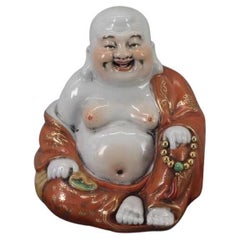 Statue de Bouddha souriant vintage en porcelaine avec marque d'artiste chinois