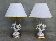Vintage Porcelain Table Lamp with Birds and Brass Accents, 1970s