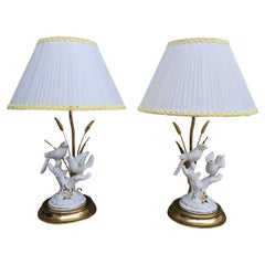 Vintage Porcelain Table Lamp with Birds and Brass Accents, 1970s