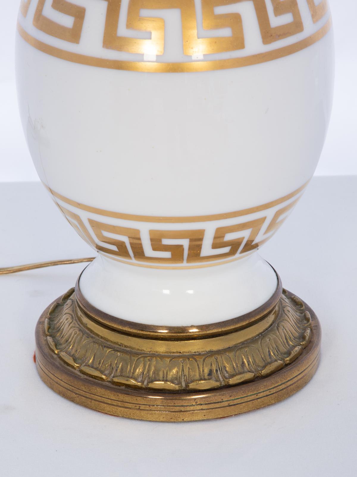 Neoclassical Vintage Porcelain Table Lamp with Gilded Greek Key Accents For Sale