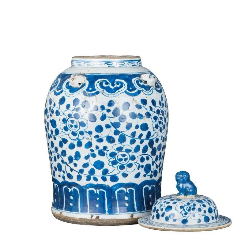 Vintage temple jar Curly vine flower motif - small

Shape: temple jar
Color: blue and white
Size (inches): 11W x 11D x 18H

The special antique process makes it looks like a piece of art from a museum. High fire porcelain, 100% hand shaped,