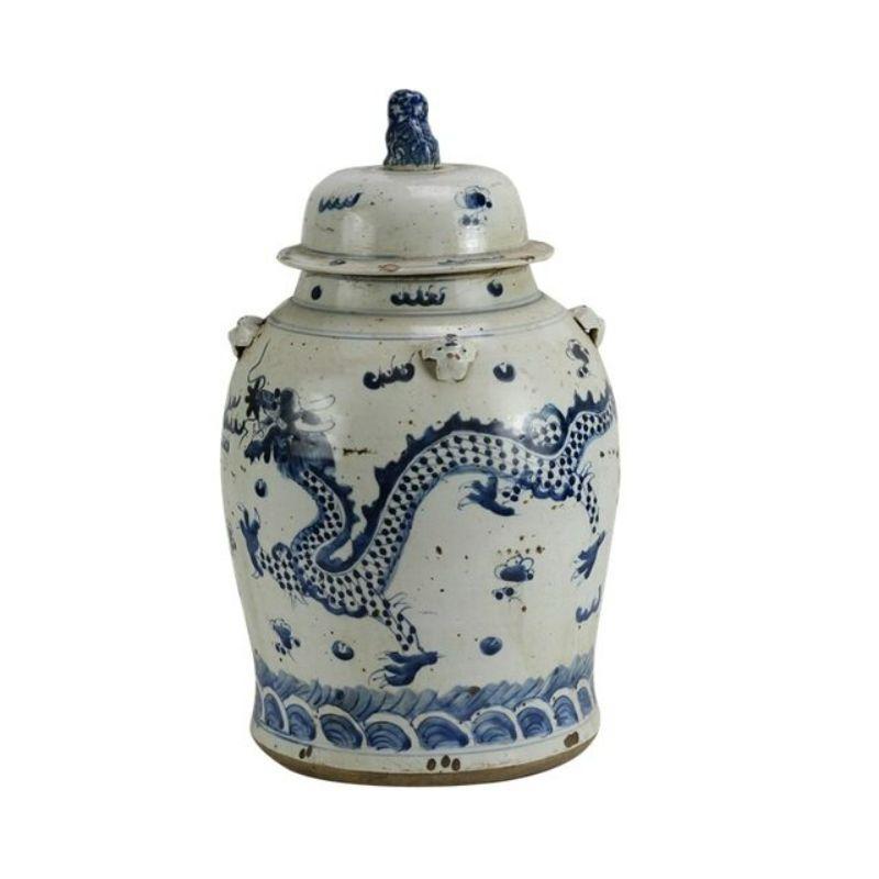 Vintage porcelain temple jar dragon motif 

Shape: Temple Jar
Color: Blue and White
Small Size (inches): 11W x 11D x 18H
Available in other size options: Large

The special antique process makes this item looks like a piece of art from a