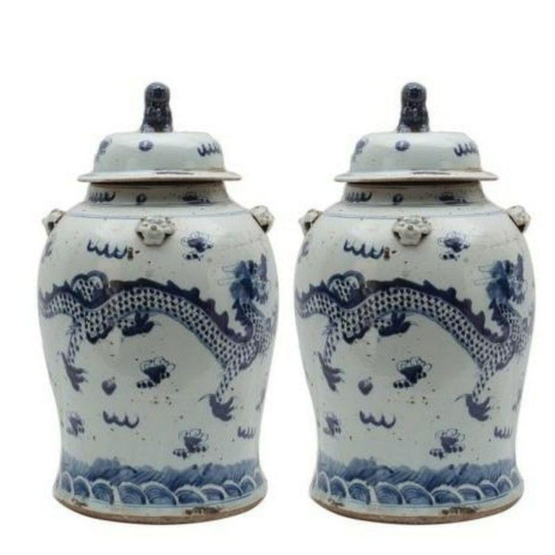 Hand-Painted Vintage Porcelain Temple Jar Dragon Motif, Small For Sale