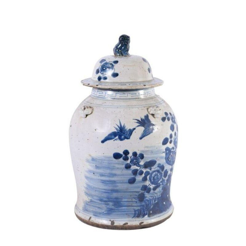 Vintage Porcelain Temple Jar Flower Bird Motif
Shape: Temple Jar
Color: Blue and White
Small Size (inches): 11W x 11D x 18H
Available in other size: Large (check store listings)

The special antique process makes this item looks like a piece