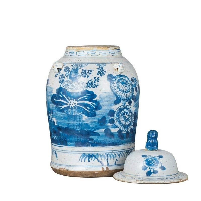 Vintage temple jar four season plants 
Shape: Temple Jar
Color: Blue and White
Small Size (inches): 11W x 11D x 18H
Available in other size option: Large

The special antique process makes it looks like a piece of art from a museum. High fire