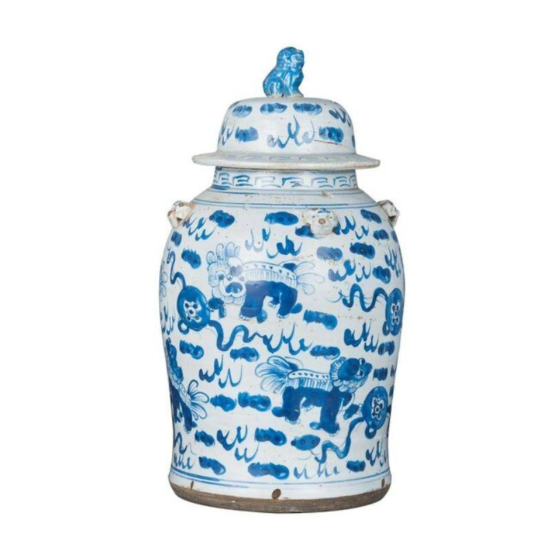 Vintage temple jar lion motif - 

Shape: Temple Jar
Color: Blue and White
Small Size (inches): 11W x 11D x 18H
Available in other size option: Large

The special antique process makes it looks like a piece of art from a museum. High fire