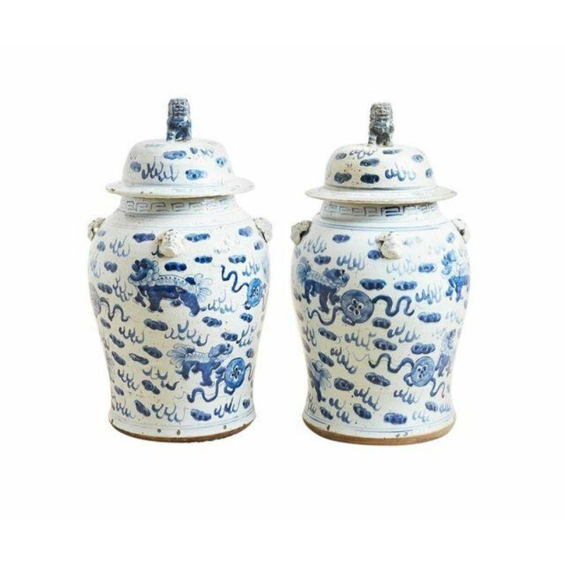 Chinese Vintage Porcelain Temple Jar Lion Motif, Small For Sale