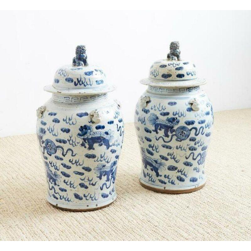 Hand-Painted Vintage Porcelain Temple Jar Lion Motif, Small For Sale