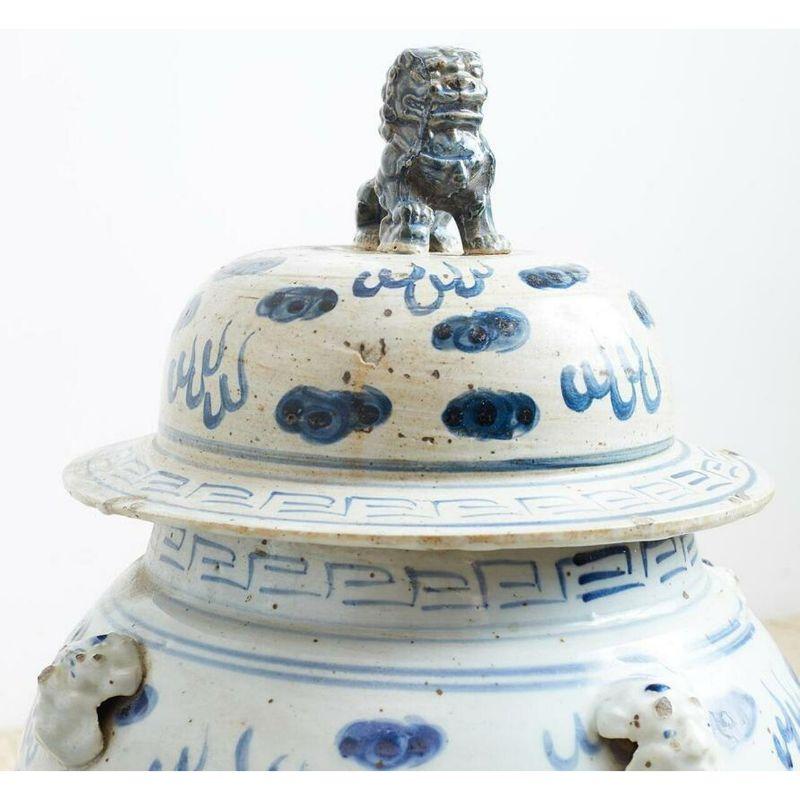 Contemporary Vintage Porcelain Temple Jar Lion Motif, Small For Sale