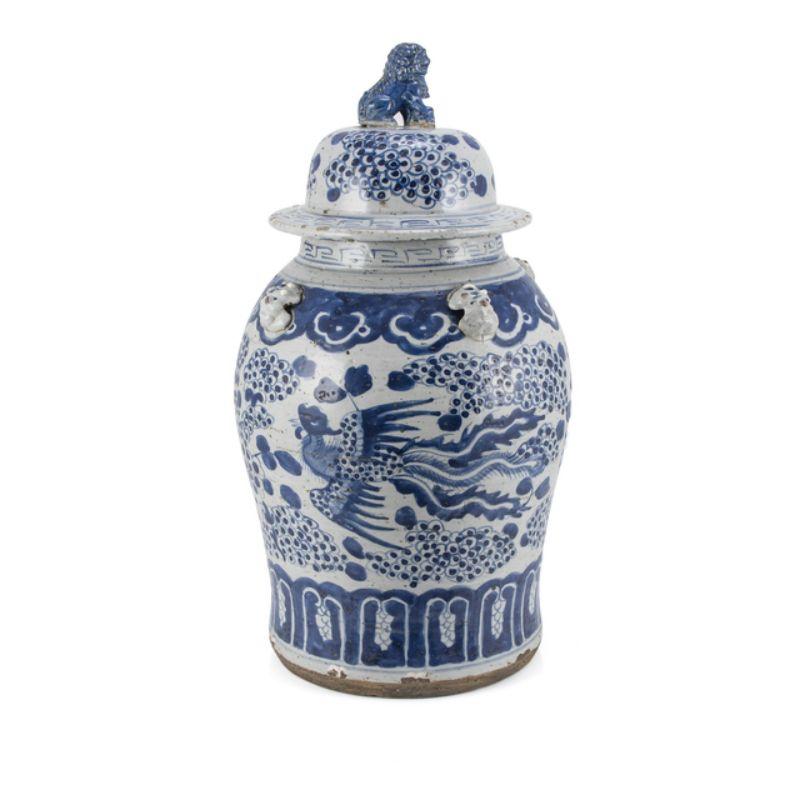 Vintage temple jar phoenix motif -

Shape: Temple Jar
Color: Blue and White
Small Size (inches): 11W x 11D x 18H
Available in other size option: Large

The special antique process makes it looks like a piece of art from a museum. High fire