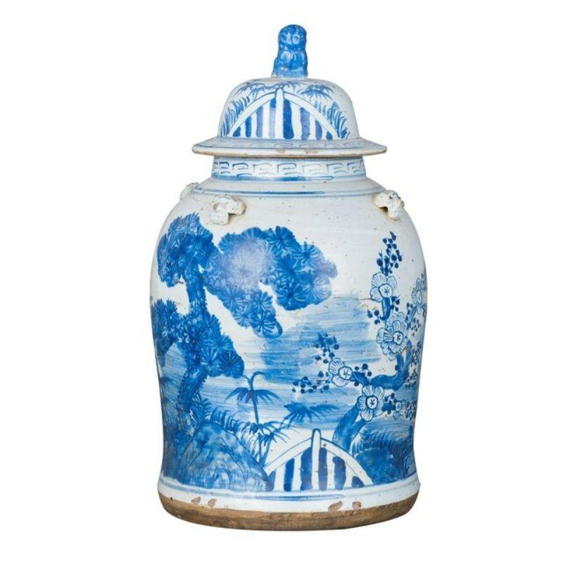 Vintage Porcelain Temple Jar Pine Motif 

Shape: Temple Jar
Color: Blue and White
Small Size (inches): 11W x 11D x 18H
Available in other size: Large

The special antique process makes this item looks like a piece of art from a museum. High