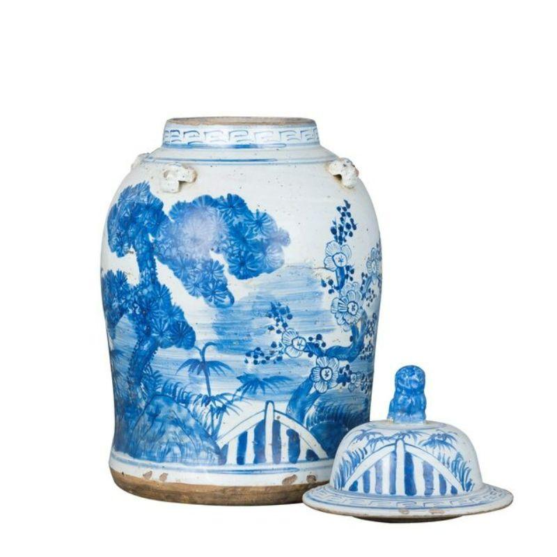 Chinese Chippendale Vintage Porcelain Temple Jar Pine Motif, Small For Sale