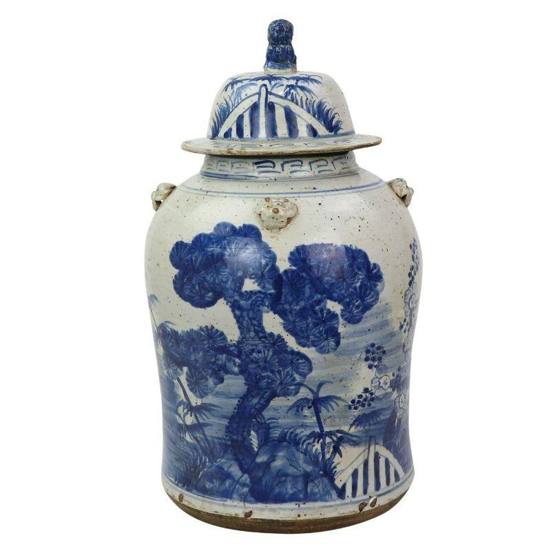 Hand-Carved Vintage Porcelain Temple Jar Pine Motif, Small For Sale
