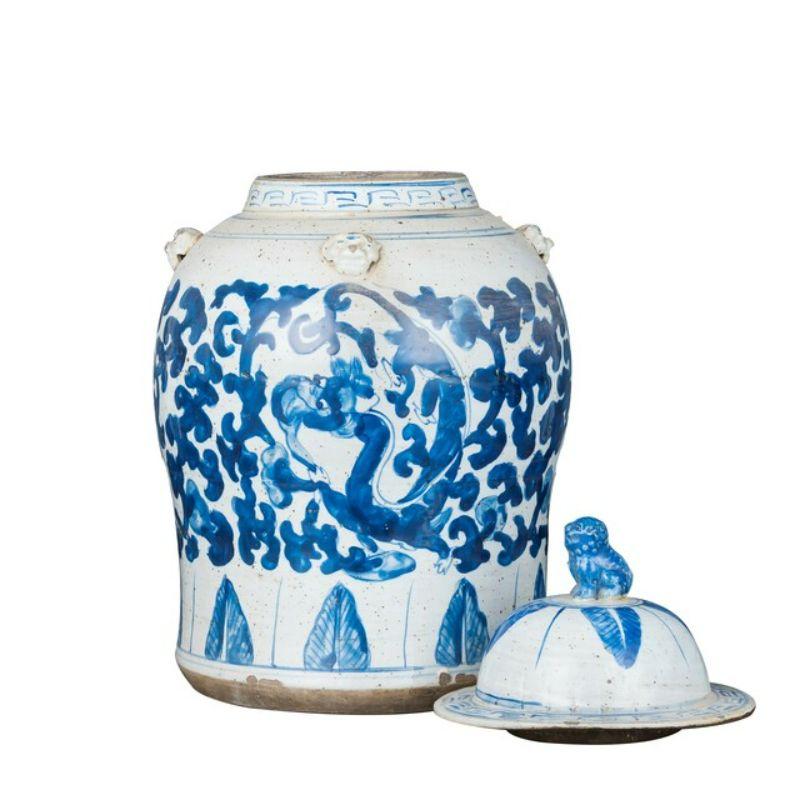 Vintage temple jar twist lotus dragon motif 

Shape: Temple Jar
Color: Blue and White
Size (inches): 11W x 11D x 18H

The special antique process makes it looks like a piece of art from a museum. High fire porcelain, 100% hand shaped, hand