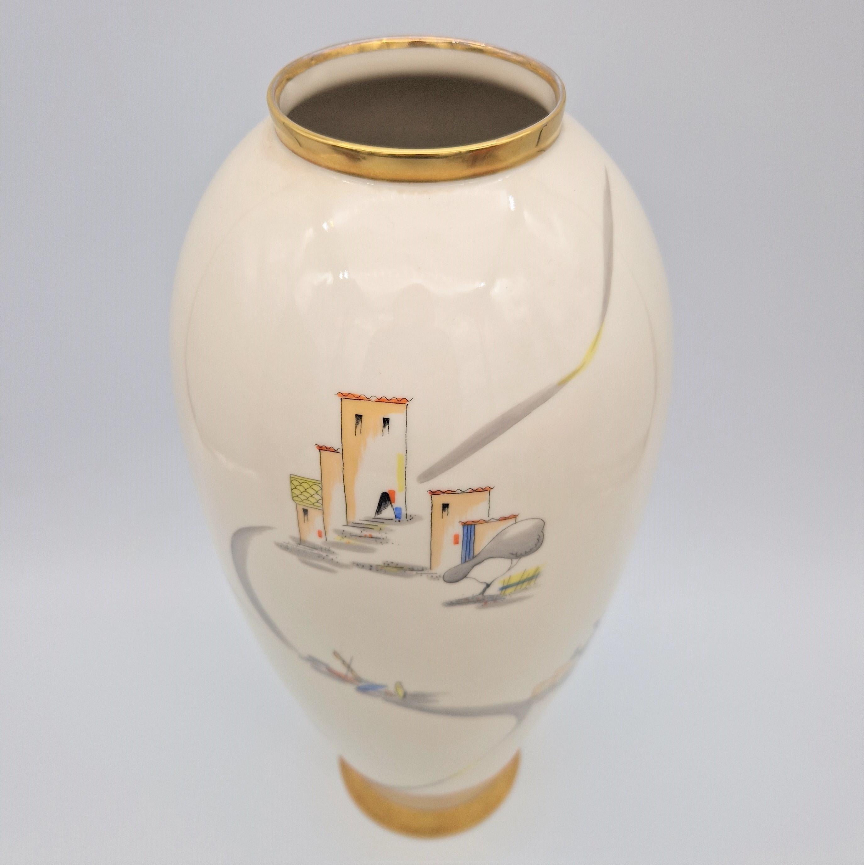 Mid-Century Modern Vase vintage en porcelaine avec une scène italienne de Lindner  en vente