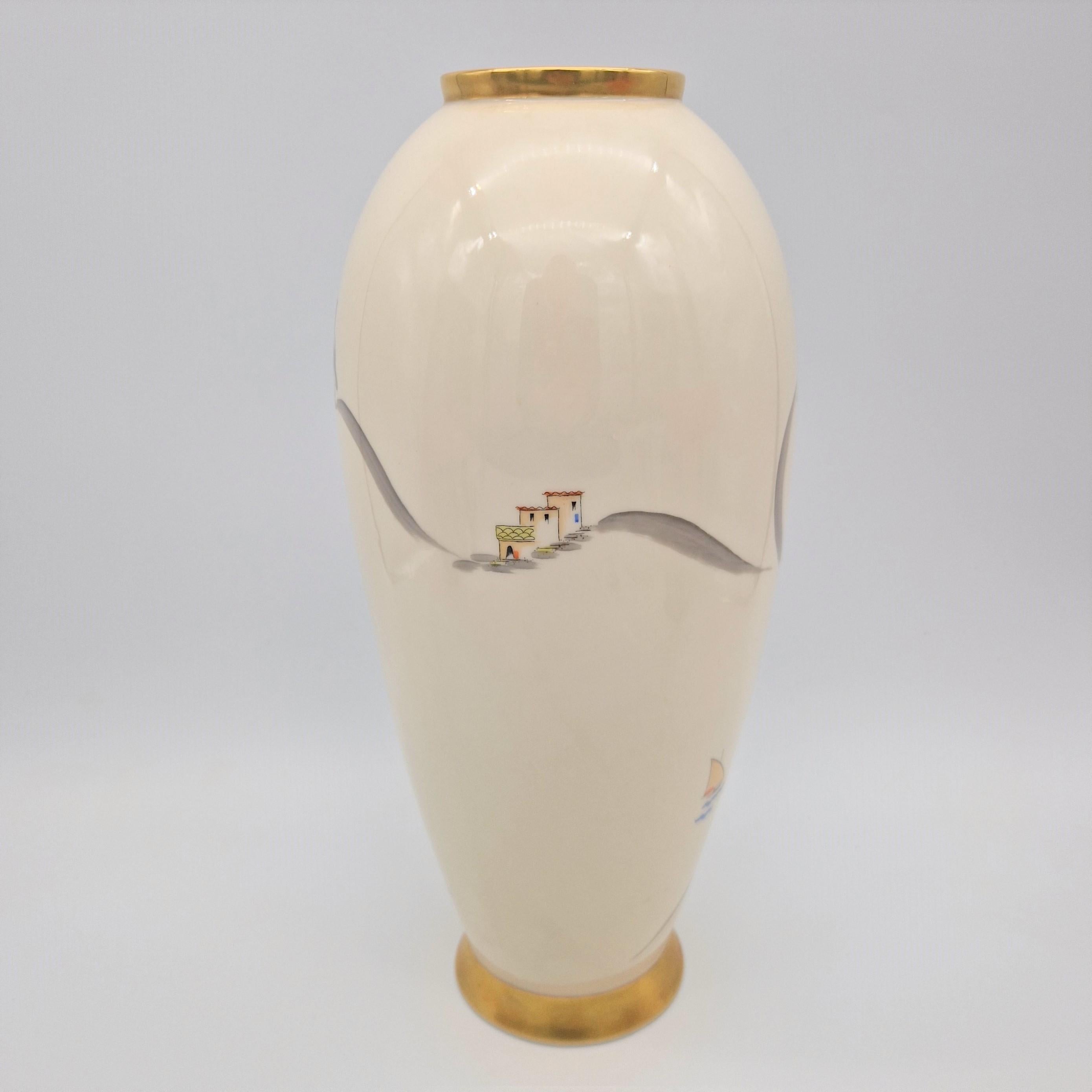German Vintage porcelain vase with Italian scene from Lindner.  For Sale