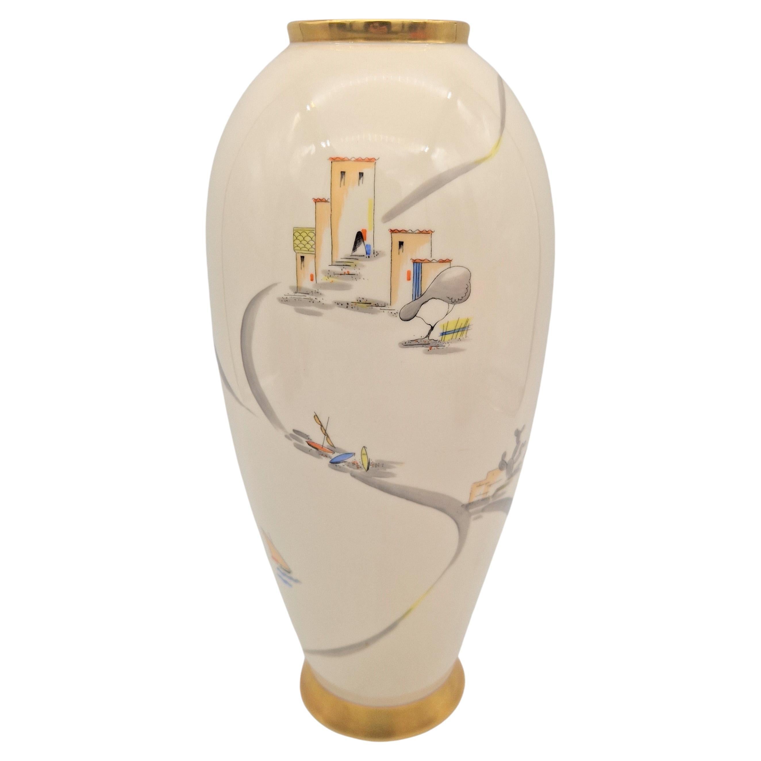 Vase vintage en porcelaine avec une scène italienne de Lindner  en vente