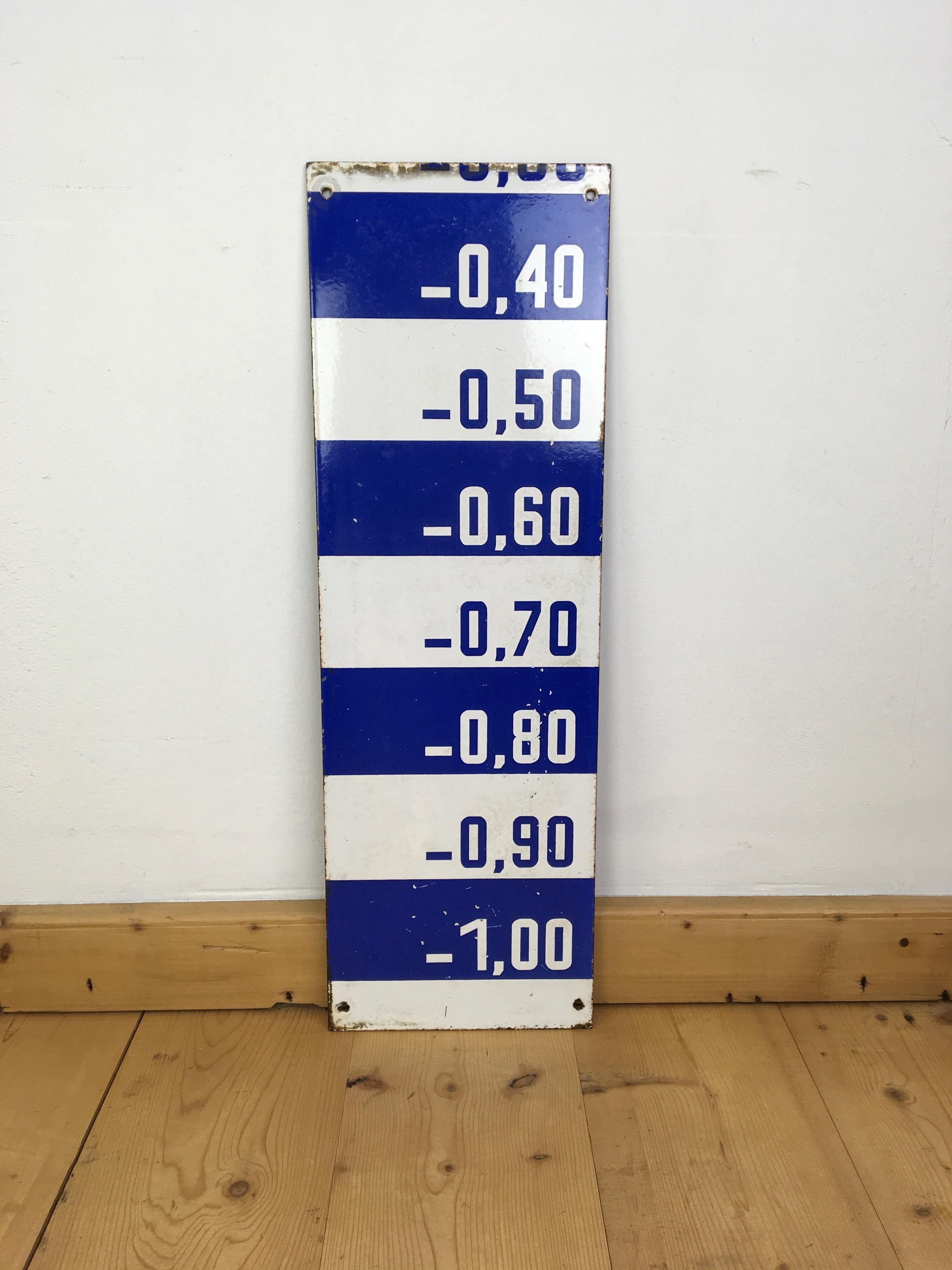 Vintage Porcelain Water Level Sign Blue and White For Sale 5
