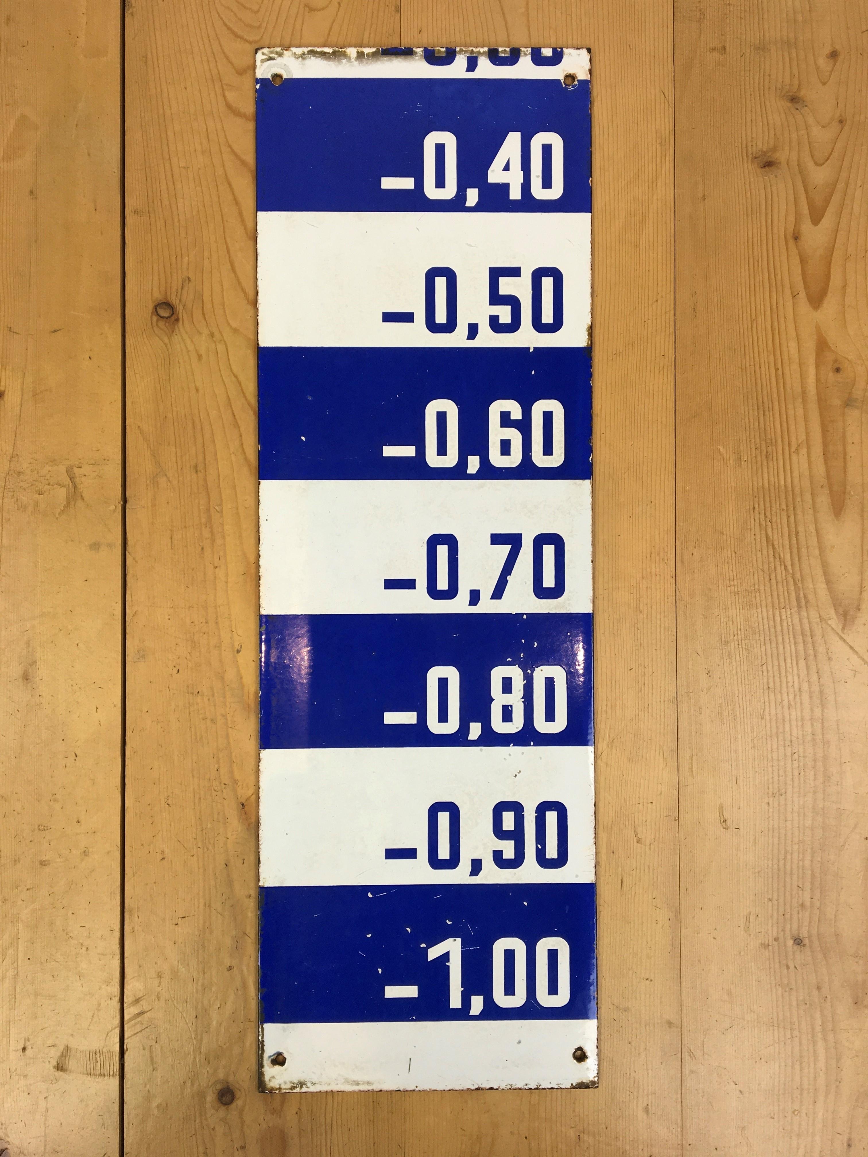 Vintage Porcelain Water Level Sign Blue and White For Sale 1