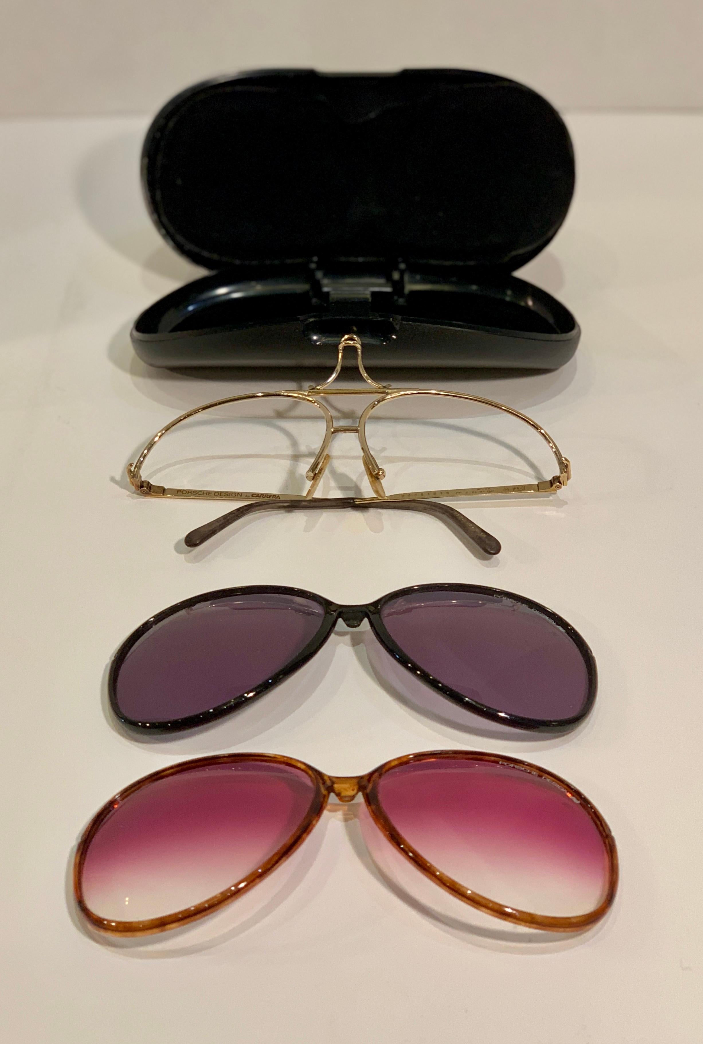 Vintage Porsche Design Carrera Large Gold Aviator Sunglasses with 2 Pairs Lenses In Good Condition In Tustin, CA