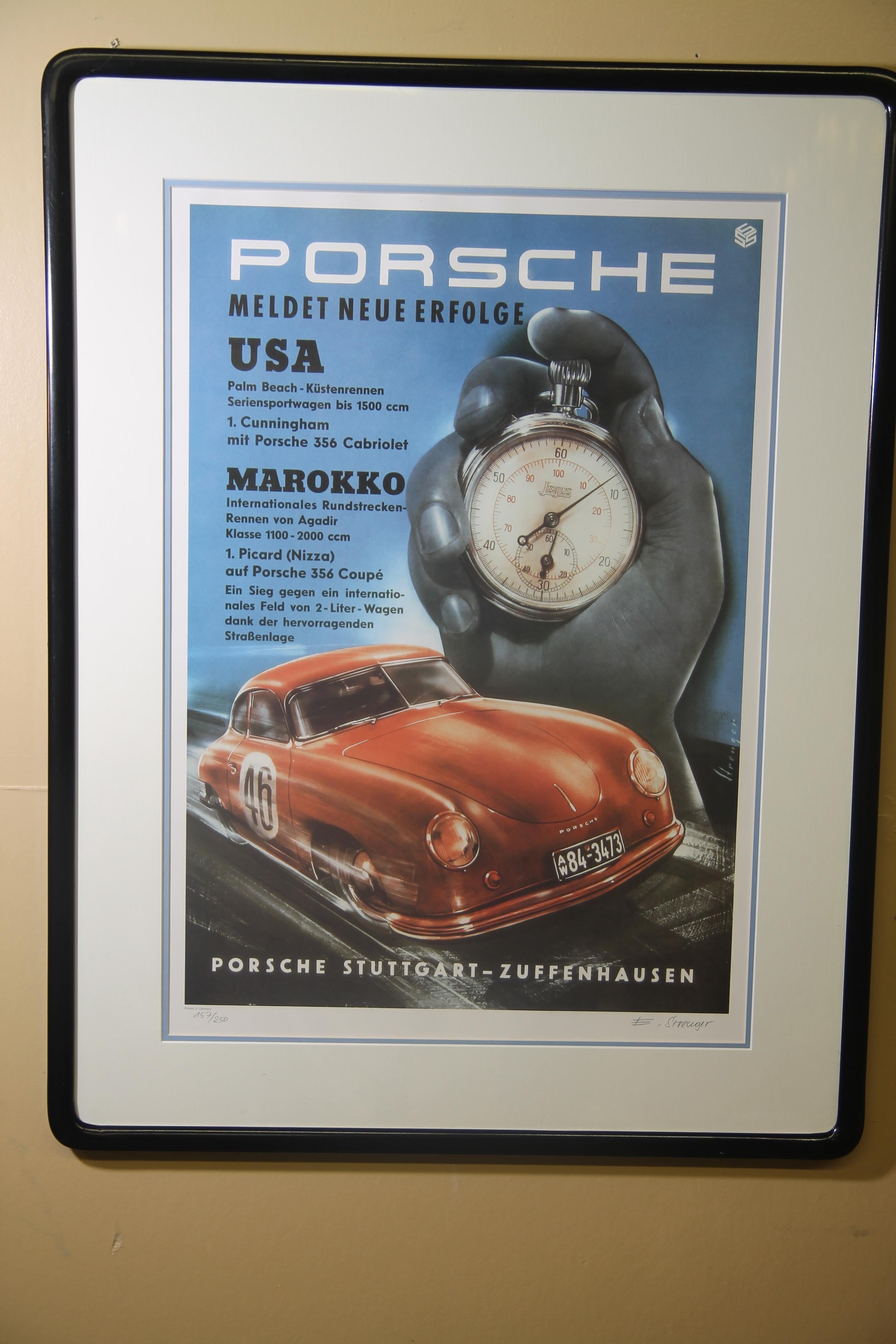 Tedesco Suite di litografie vintage Porsche firmate e numerate dall'iconico Erich Strenger in vendita