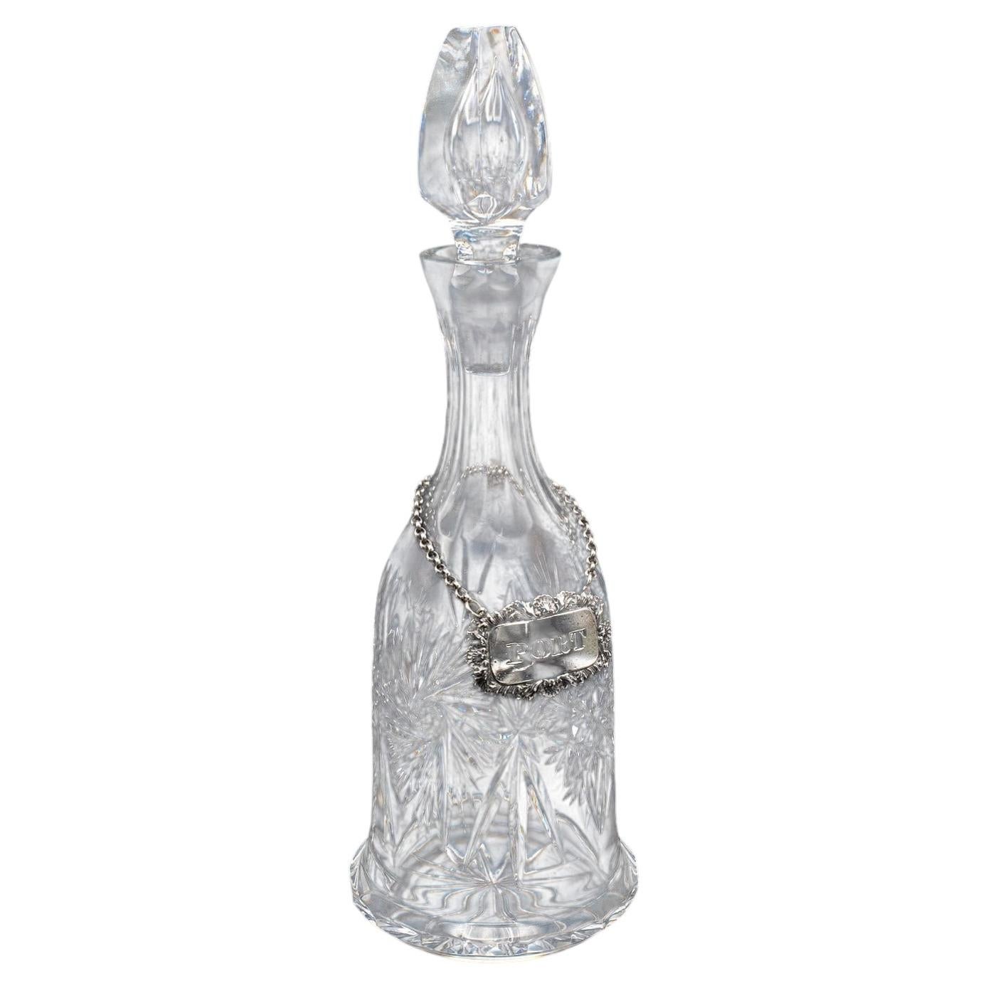 Vintage Port Decanter, English, Glass, Silver Label, Spirit Bottle, Mid Century