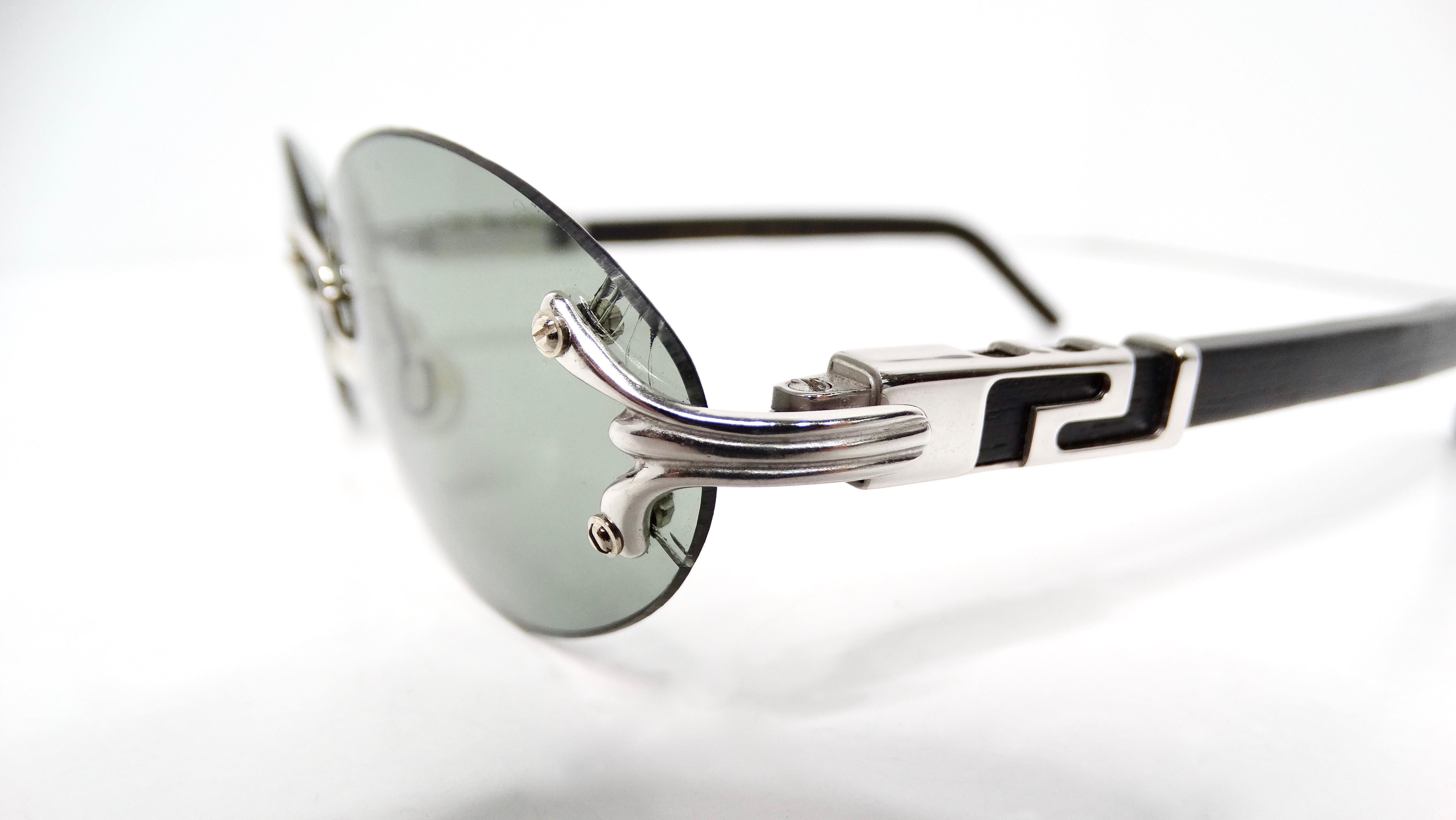 Noir Lunettes de soleil ovales sans monture Porta Romana faites à la main, noires et argentées en vente