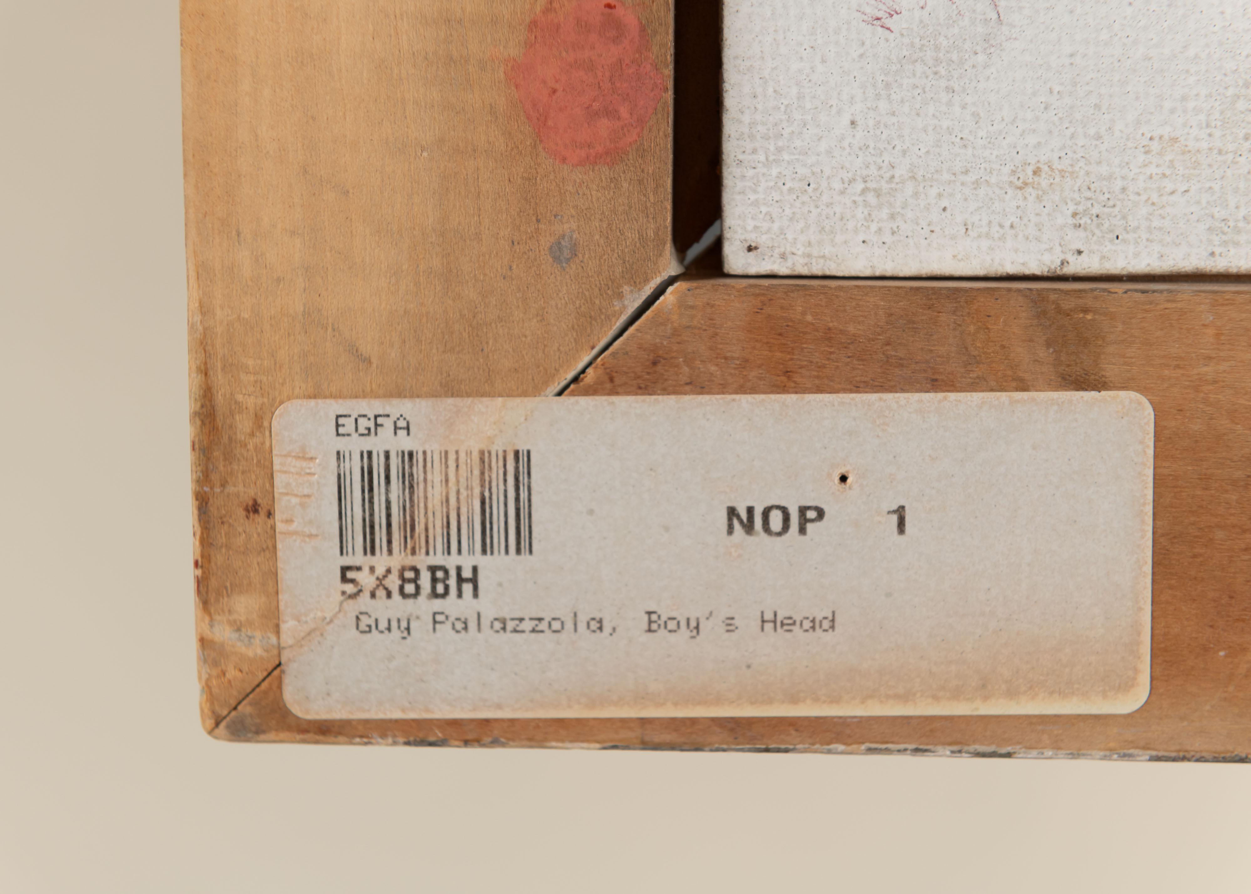 Vintage By, Öl auf Masonitplatte, gerahmt, Kopf eines Jungen, von Guy Palazzola, Kalamazoo, Michigan, 1950. Großartiges Stück für einen kleinen Raum oder als Teil einer Porträt-Galeriewand. 

Abmessungen:  6 5/8