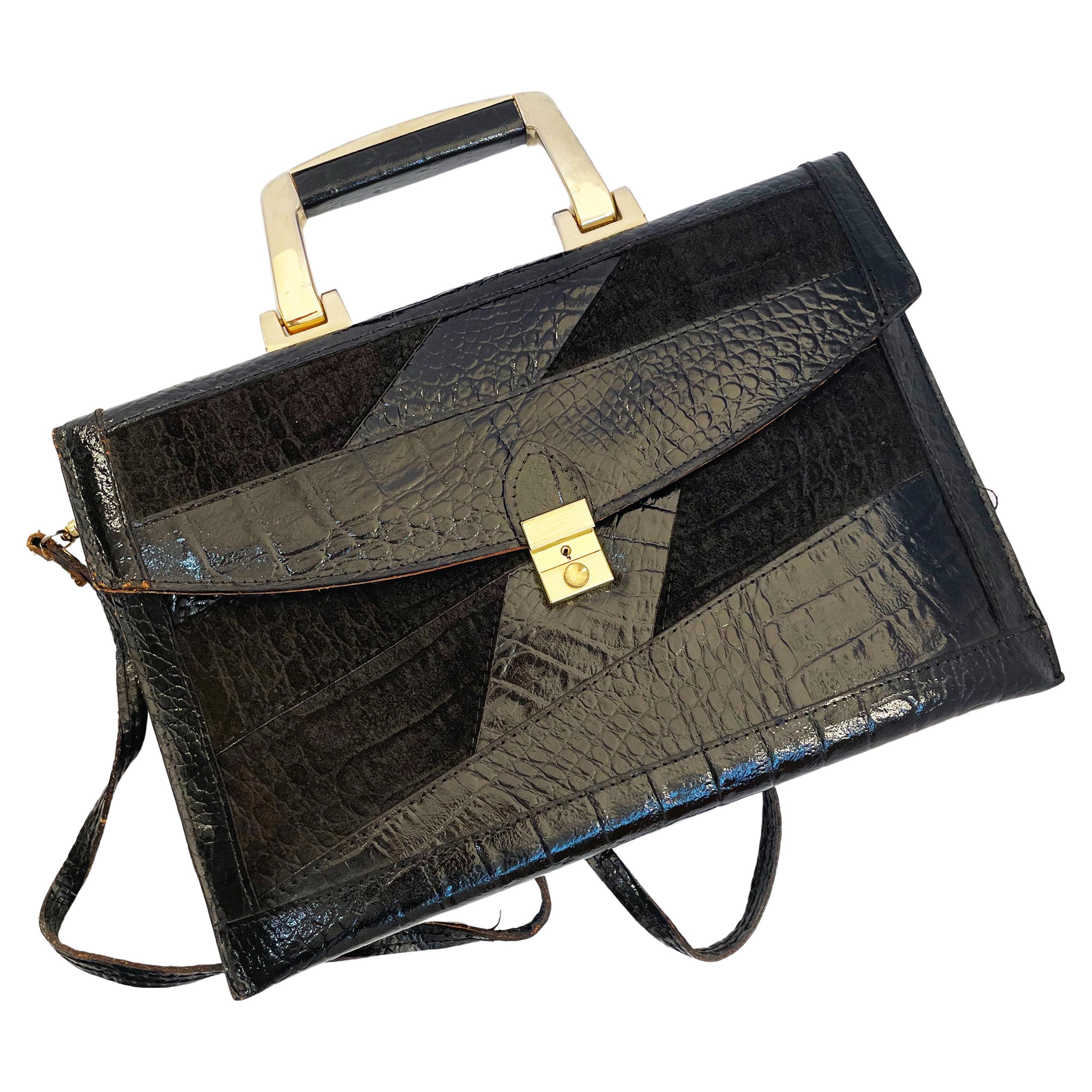 Vintage Portfolio Bag Croc Embossed Patent and Suede Leather