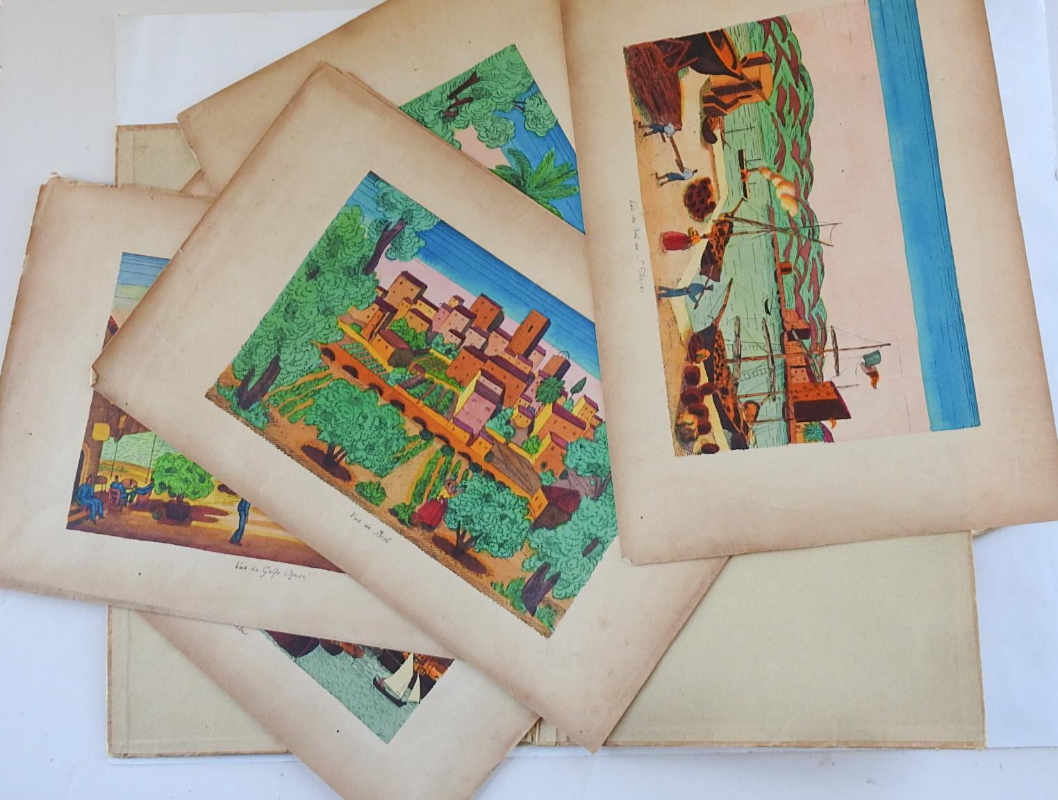 Vintage portfolio de vues de Provence en sérigraphie. 7 tirages colorés dans un portfolio couvert de papier. Tons de vieillissement, décoloration des bords et déchirures sur les bords.