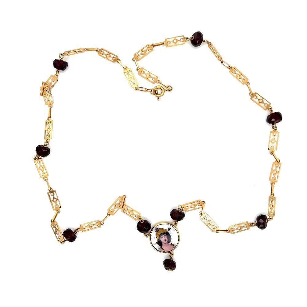 Simply Beautifully! Victorian Portrait and Garnet Bead Gold Antique Necklace. Featuring a Hand Painted Portrait in 18K Yellow Gold mounting. Suspended from an 18K Yellow Gold intricately Hand-crafted Link and 18tcw Garnet Beads Chain. Hand crafted