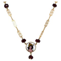Vintage Portrait and Garnet Bead Gold Antique Necklace 