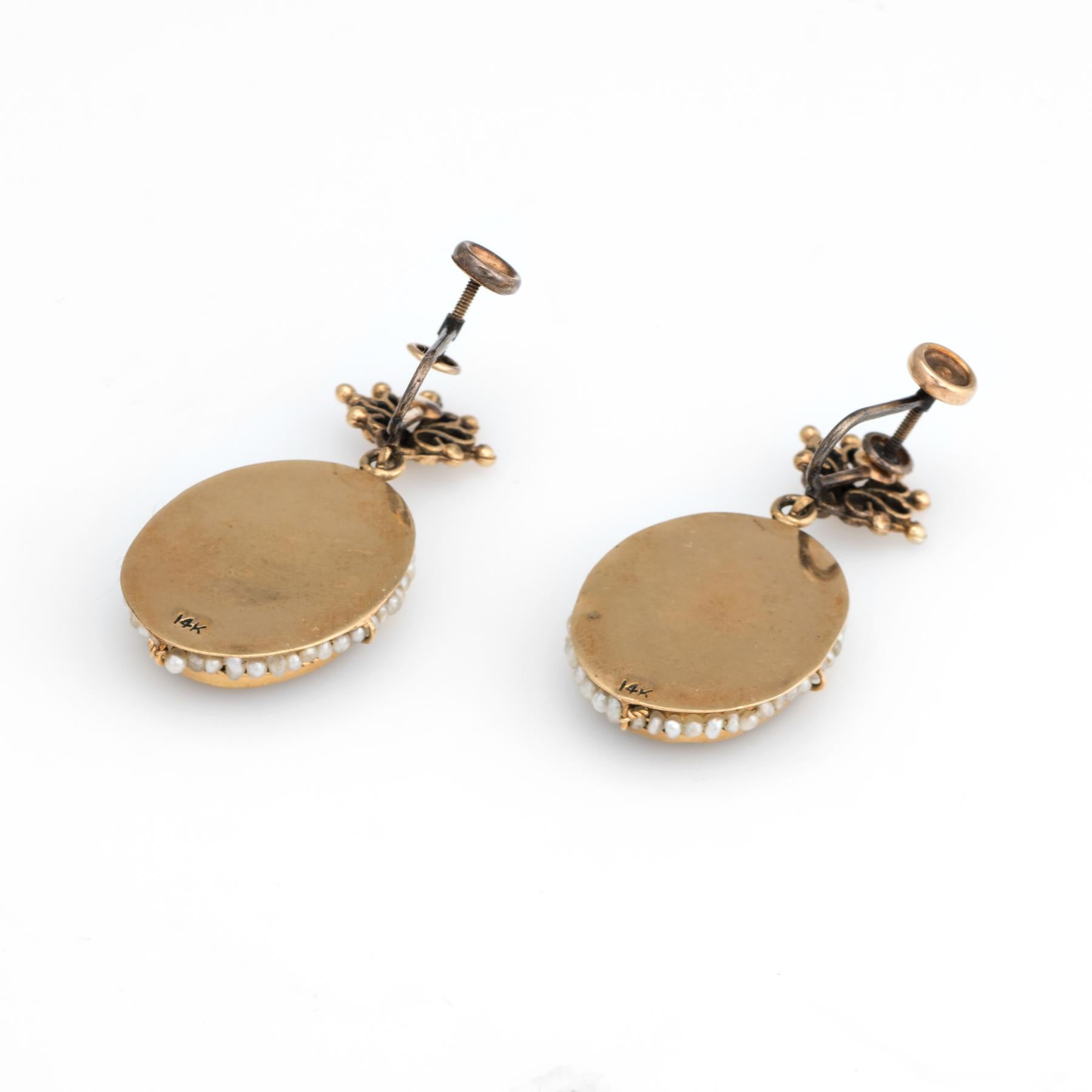 Vintage Portrait Earrings 14 Karat Gold Drops Estate Fine Jewelry Seed Pearls In Good Condition In Torrance, CA
