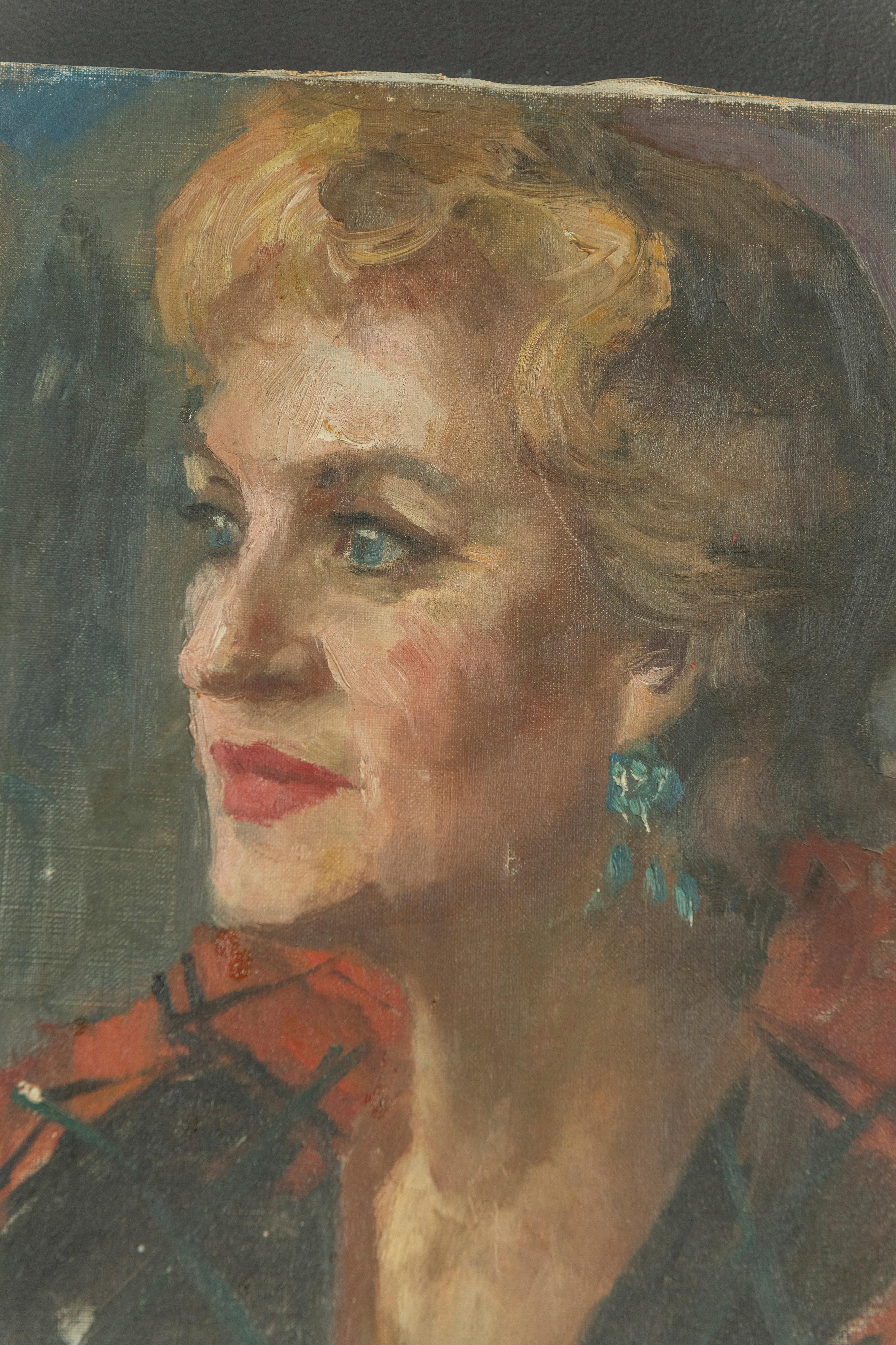 Portrait contemplatif d'une femme, 20e siècle, huile sur toile, non encadré. Sa petite taille est parfaite pour concevoir un mur de galerie de petite ou grande taille, raconter une histoire le long d'un couloir ou créer de l'intérêt dans un espace