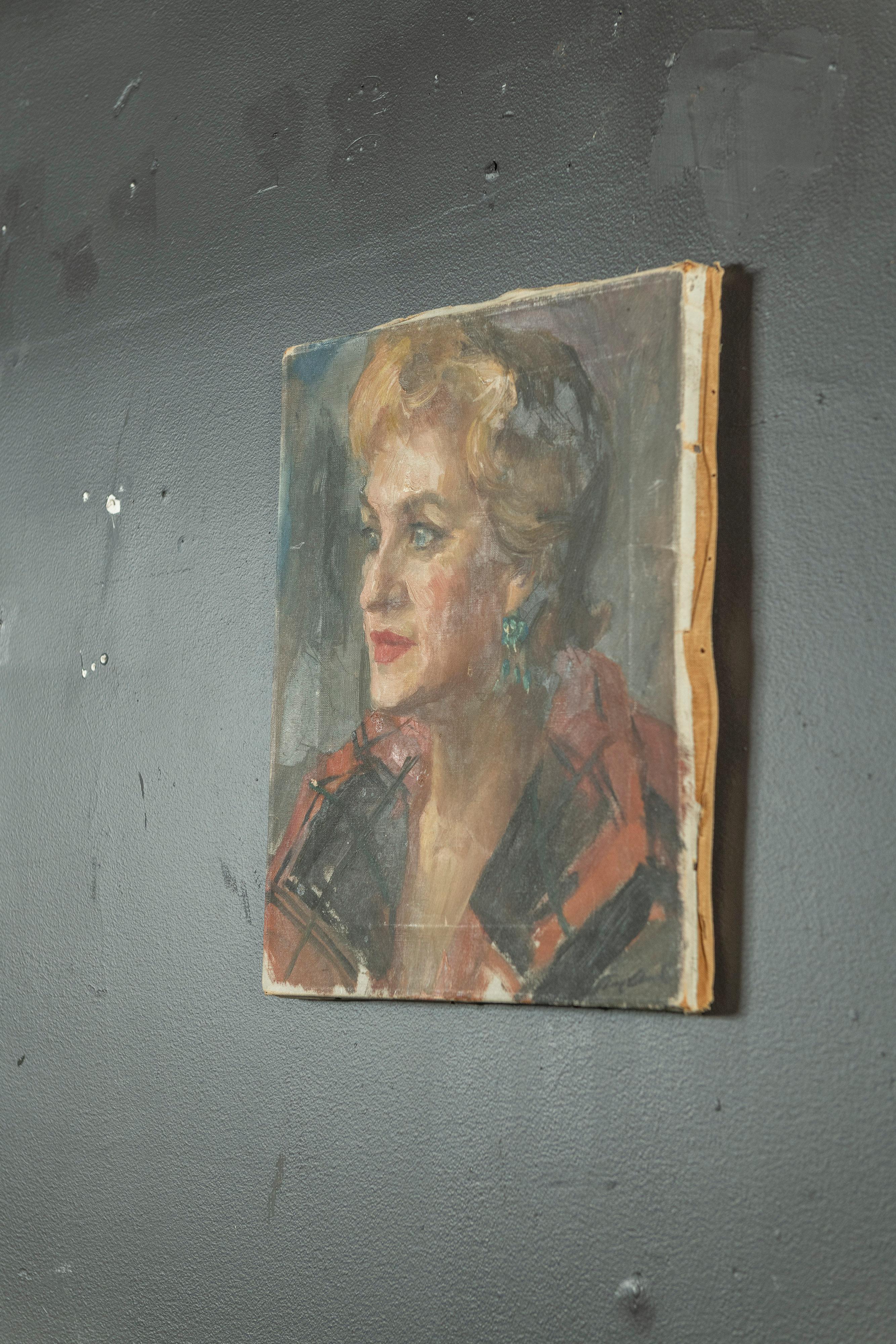 Américain Portrait vintage d'une femme, huile sur toile, non encadrée en vente