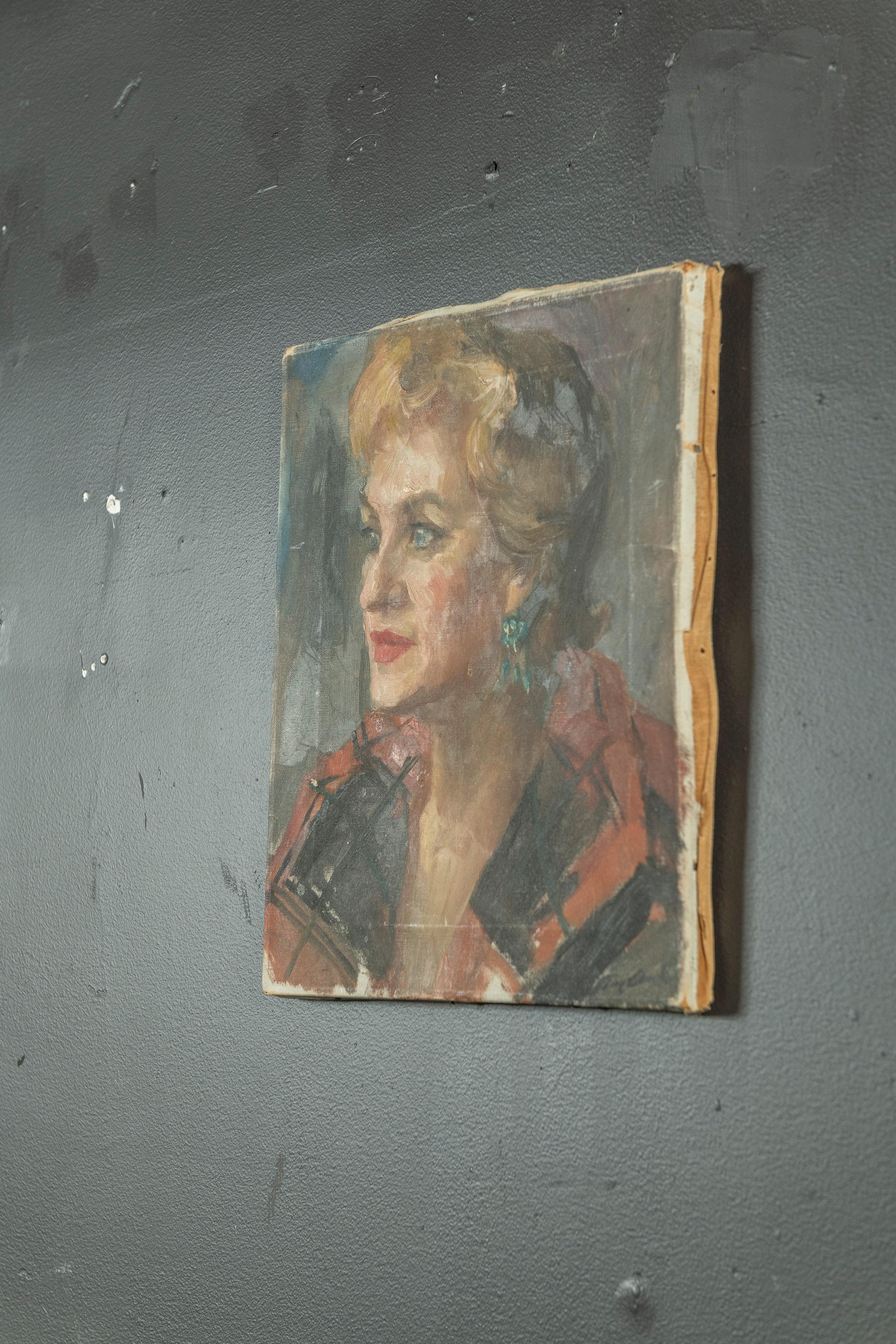 Vintage-Porträt einer Frau, Öl auf Leinwand, ungerahmt (amerikanisch) im Angebot