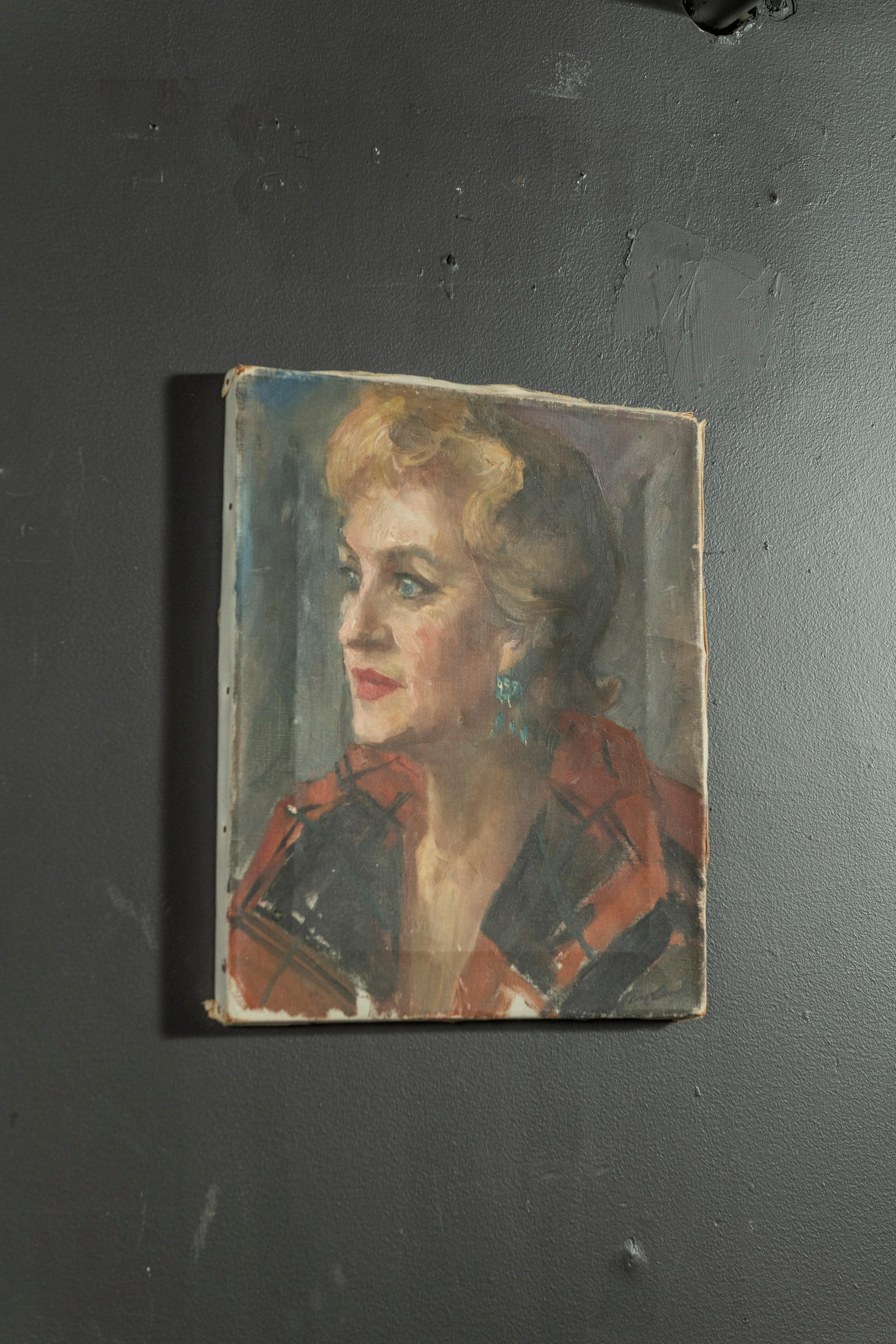 Hand-Painted Vintage Portrait of a Woman, Oil on Canvas, Unframed For Sale