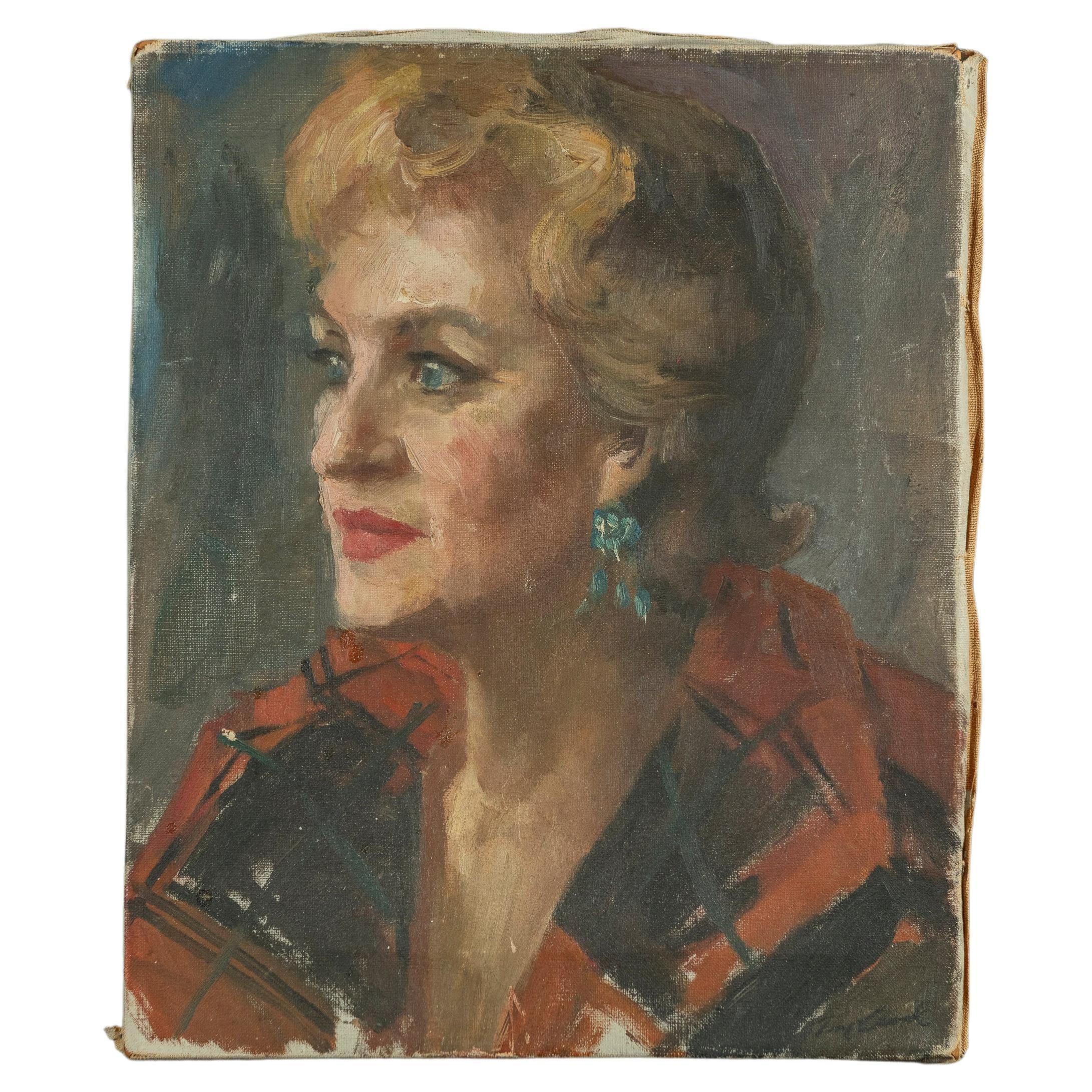 Vintage Portrait of a Woman, Oil on Canvas, Unframed For Sale