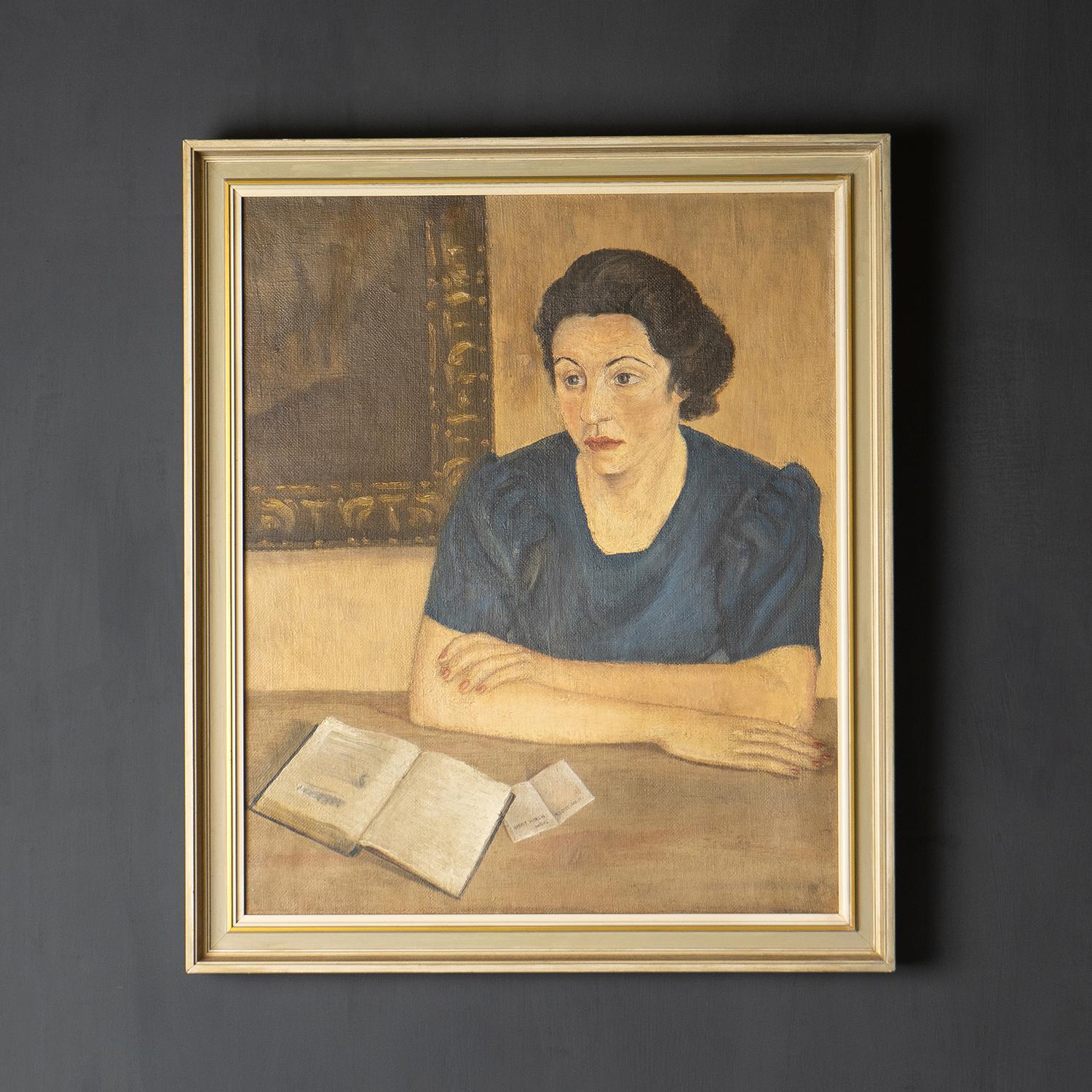 Antique original oil painting depicting a female sitter
By Harry Hicken (1911-2000)
Depicting a strong woman sitting at a dining table with an open book in front of her, she is deep in thought.

Painted very much in the style of that interwar