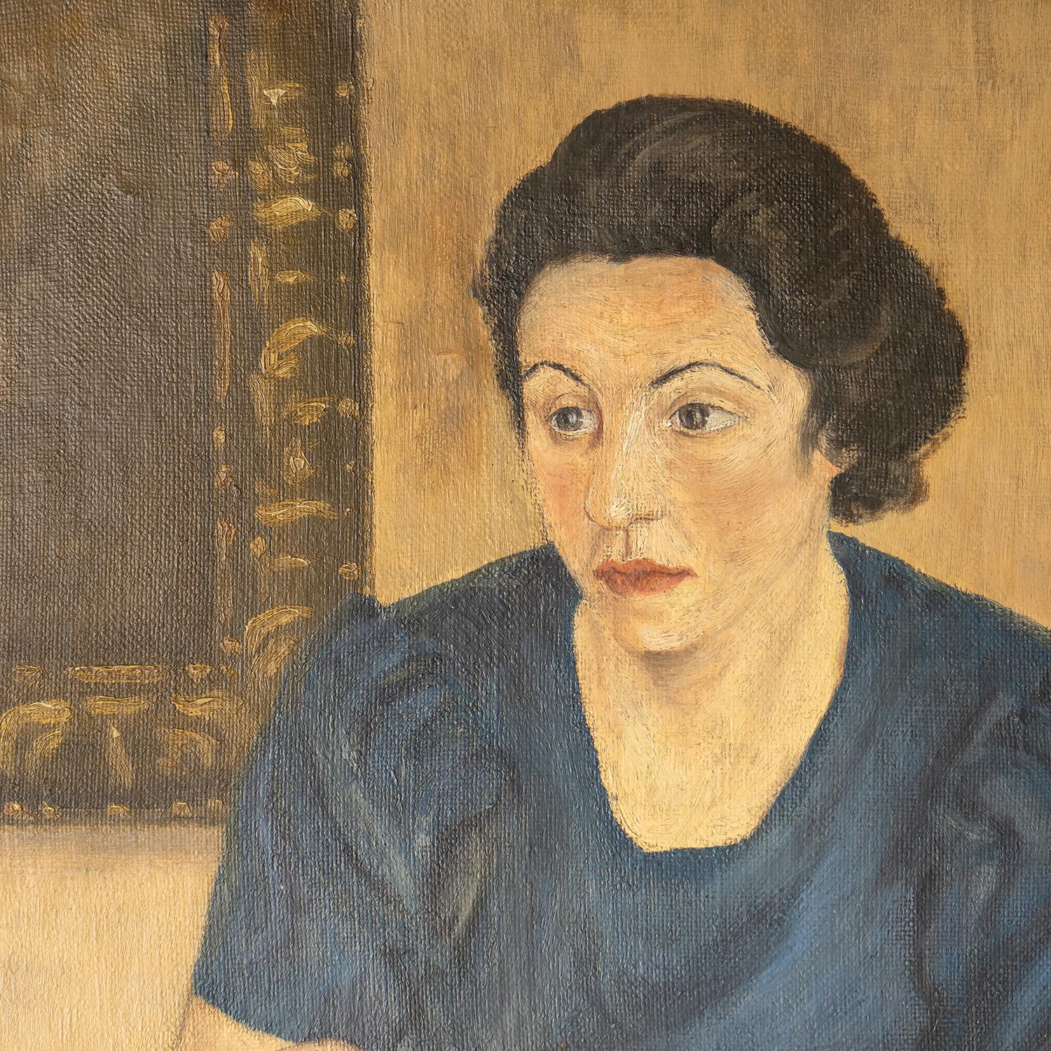 British Vintage Portrait of a Woman with a Book, Oil on Canvas, 1930's