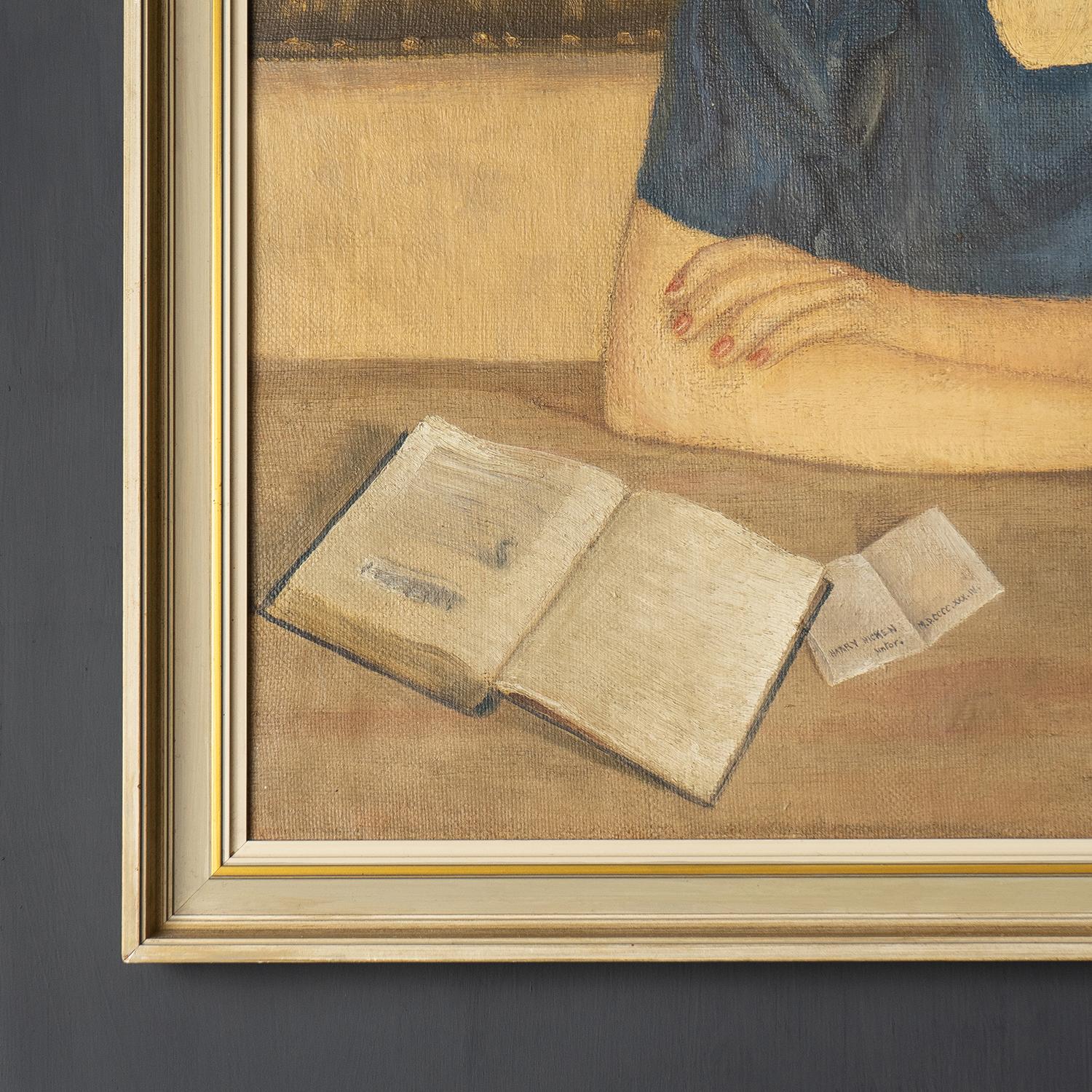 Painted Vintage Portrait of a Woman with a Book, Oil on Canvas, 1930's