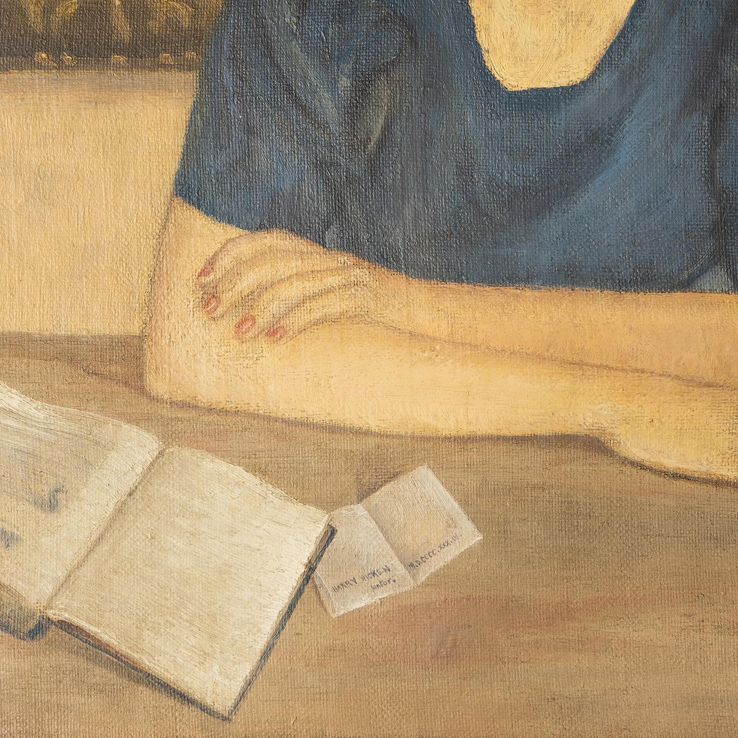 Vintage Portrait of a Woman with a Book, Oil on Canvas, 1930's In Good Condition In Bristol, GB