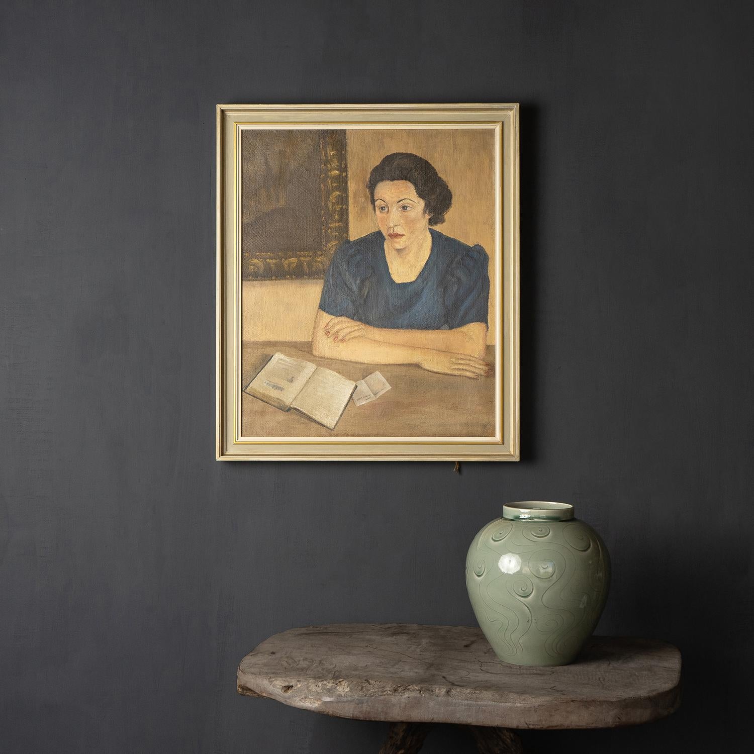 20th Century Vintage Portrait of a Woman with a Book, Oil on Canvas, 1930's