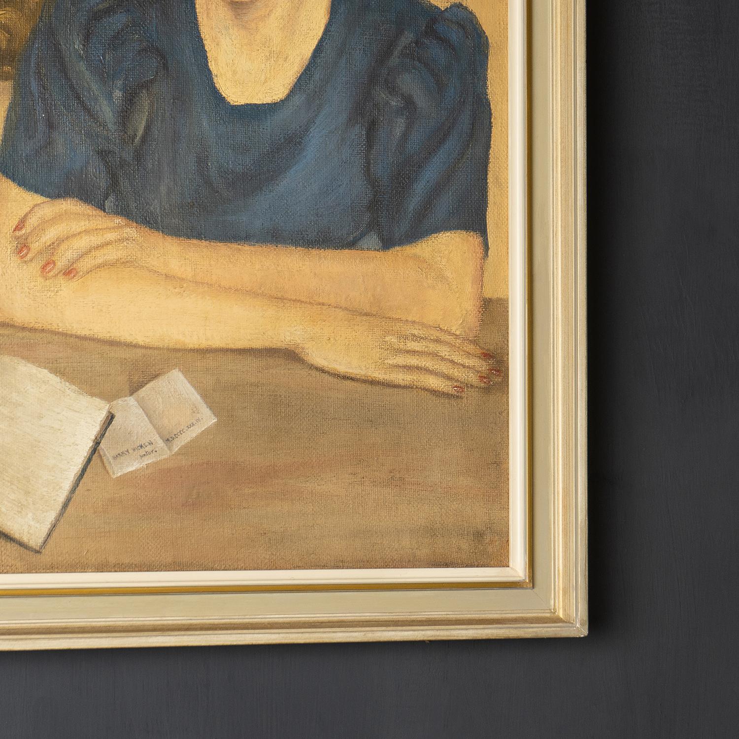 Vintage Portrait of a Woman with a Book, Oil on Canvas, 1930's 2
